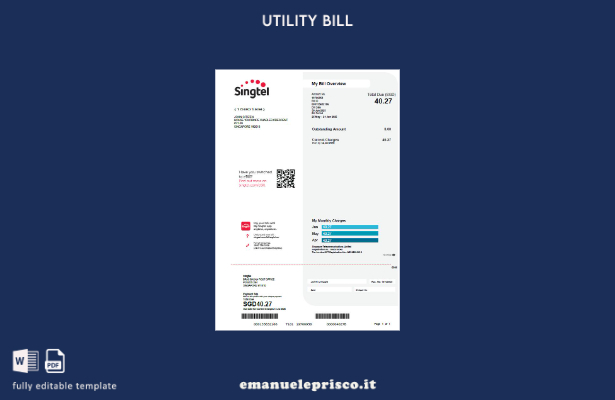 modello di bolletta delle utenze Singapore Singtel in stile verificato